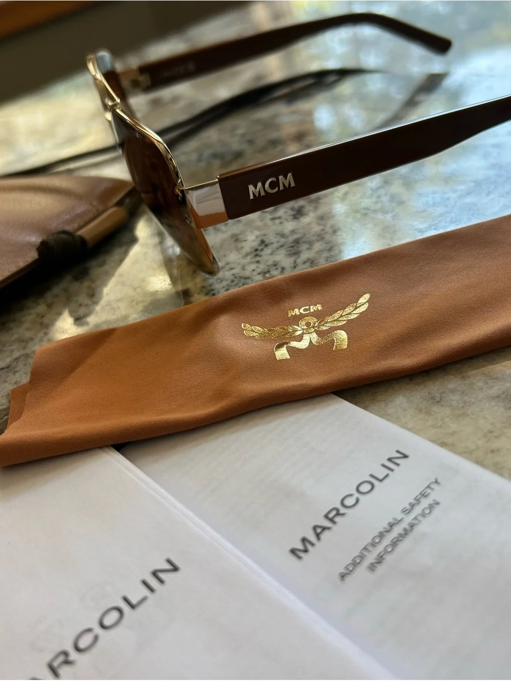 MCM Gold Frame Sunglasses with Brown Lenses and Tan Case